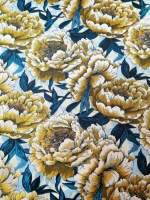 Tesatura Brocart premium cu insertii de fir lurex - design floral, Galben - mustar, Albastru - petrol