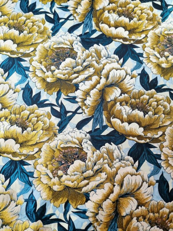Tesatura Brocart premium cu insertii de fir lurex – design floral, Galben – mustar, Albastru – petrol
