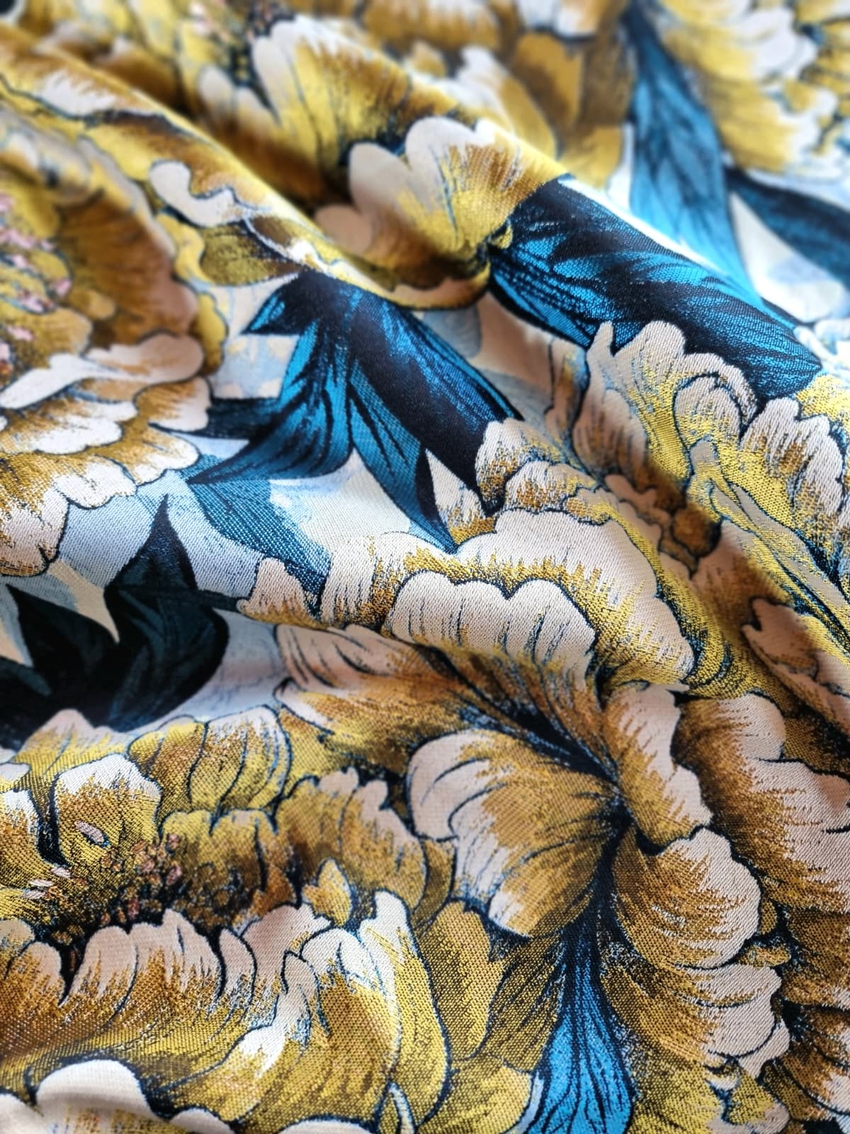 Tesatura Brocart premium cu insertii de fir lurex - design floral, Galben - mustar, Albastru - petrol - imagine 8