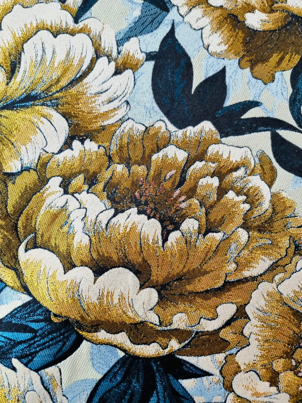 Tesatura Brocart premium cu insertii de fir lurex - design floral, Galben - mustar, Albastru - petrol - imagine 6