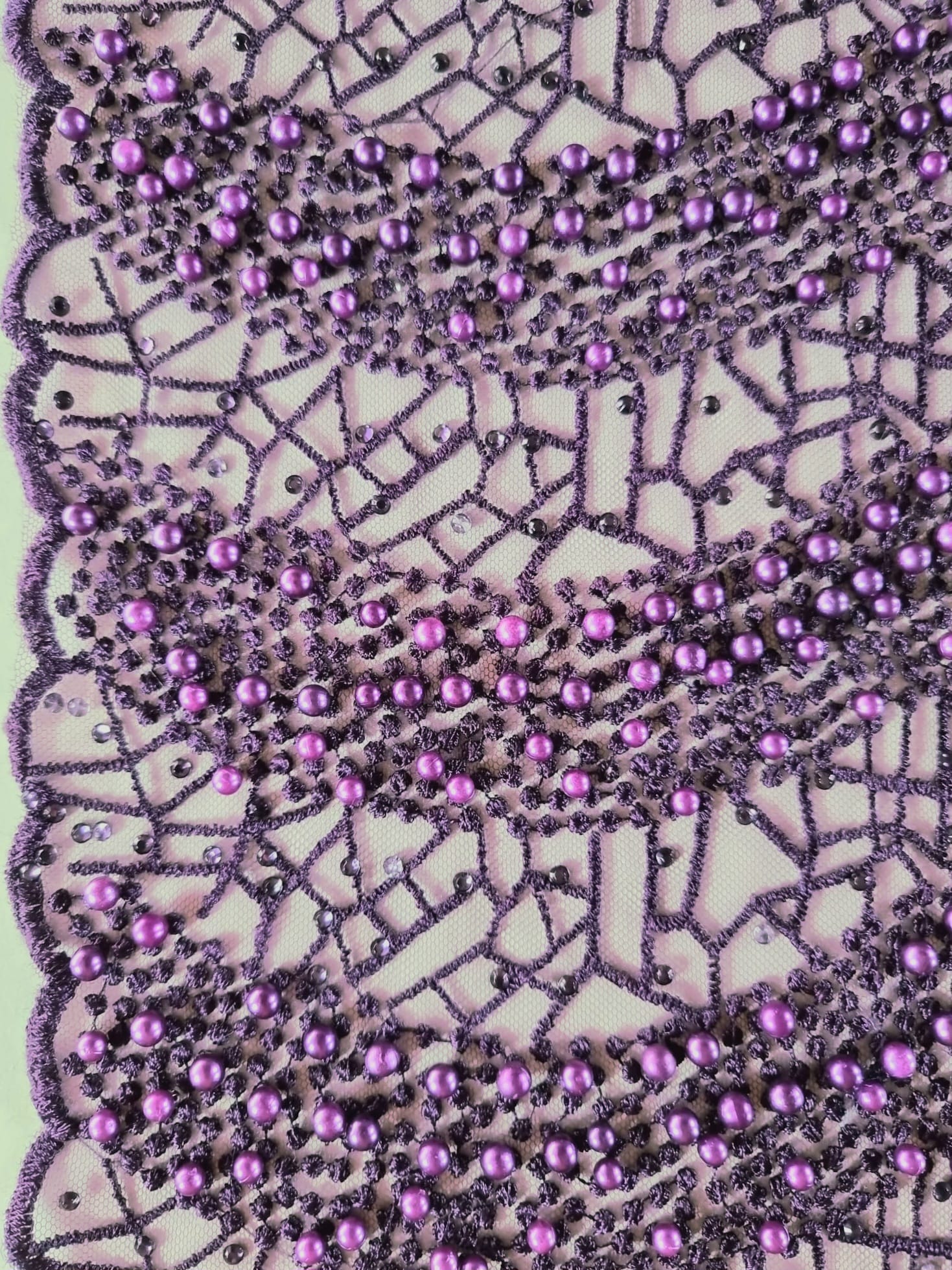 Tesatura brodata cu perle si strasuri - borduri finite, Mov - imagine 2