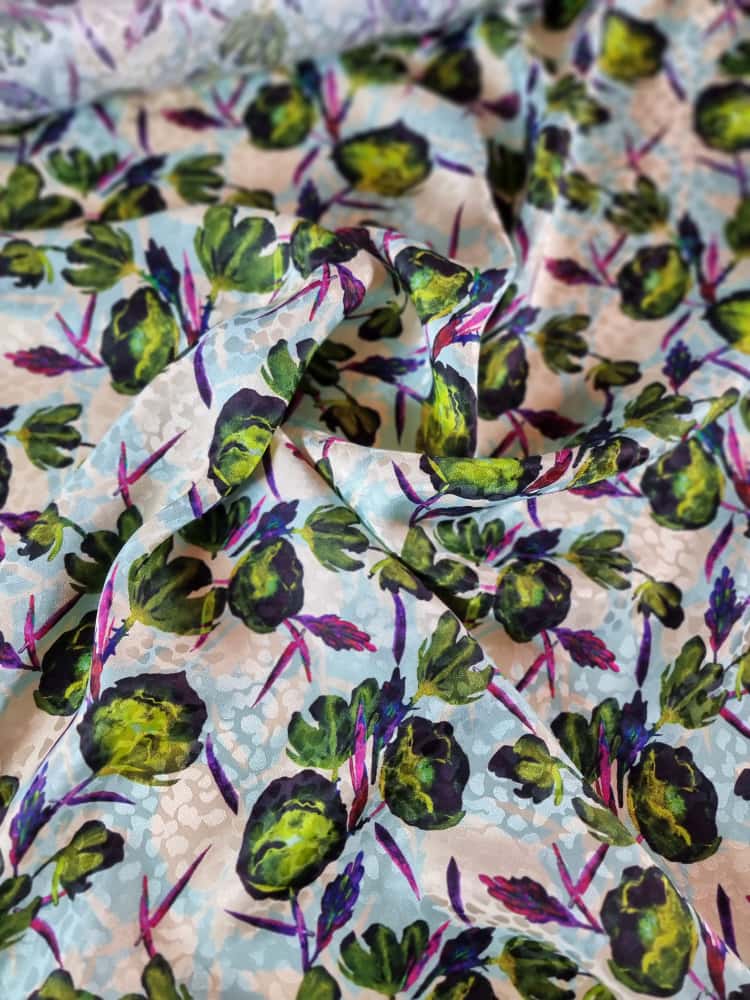 Tesatura Jacquard din matase naturală cu flori stilizate, Verde / Turcoaz / Ivoire - imagine 5