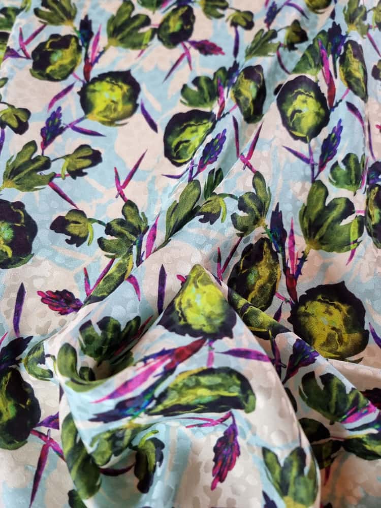 Tesatura Jacquard din matase naturală cu flori stilizate, Verde / Turcoaz / Ivoire - imagine 7