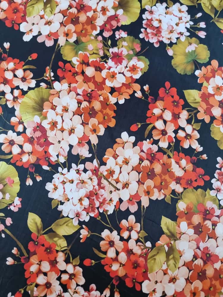 Tesatura din matase naturala - Imprimeu floral, Orange / Roz / Verde / Negru - imagine 6