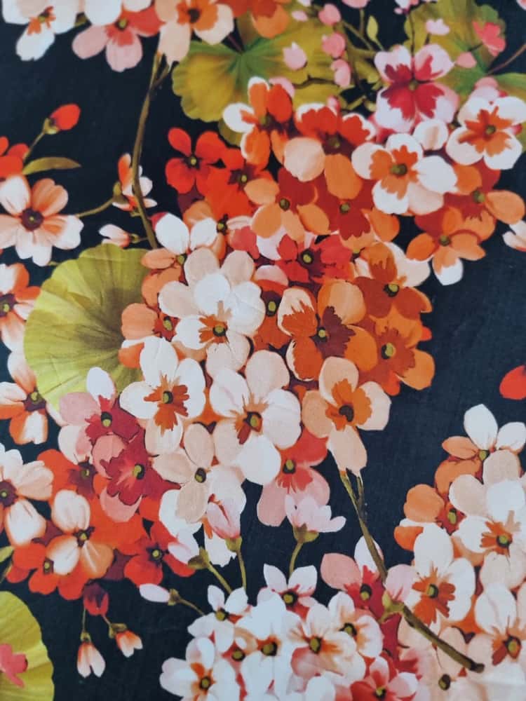 Tesatura din matase naturala - Imprimeu floral, Orange / Roz / Verde / Negru - imagine 7