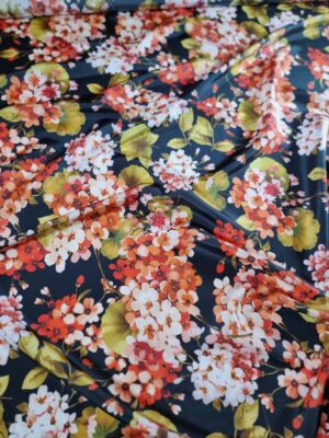 Tesatura din matase naturala   - Imprimeu floral, Orange / Roz / Verde / Negru