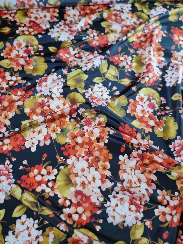 Tesatura din matase naturala - Imprimeu floral, Orange / Roz / Verde / Negru