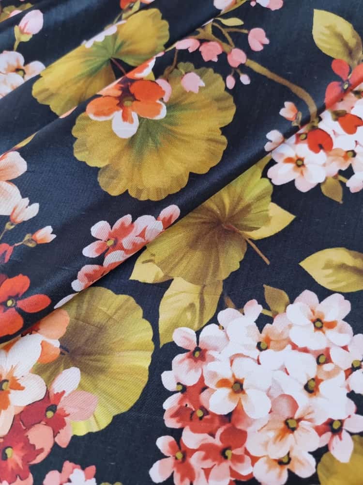Tesatura din matase naturala - Imprimeu floral, Orange / Roz / Verde / Negru - imagine 4