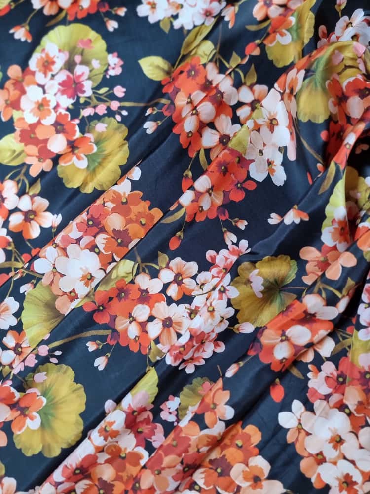Tesatura din matase naturala - Imprimeu floral, Orange / Roz / Verde / Negru - imagine 5