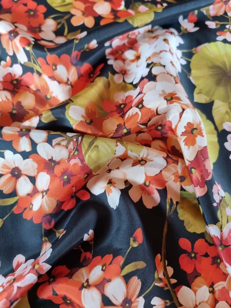 Tesatura din matase naturala - Imprimeu floral, Orange / Roz / Verde / Negru - imagine 2