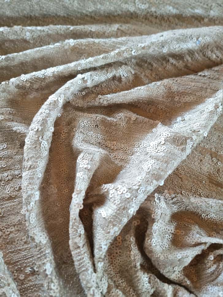 Tesatura brodata cu paiete pe suport de tulle elastic, Crem - imagine 3