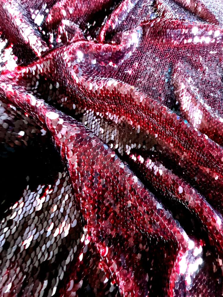 Tesatura plina - paiete cu efect glossy pe suport de tulle elastic, Burgundi - imagine 4