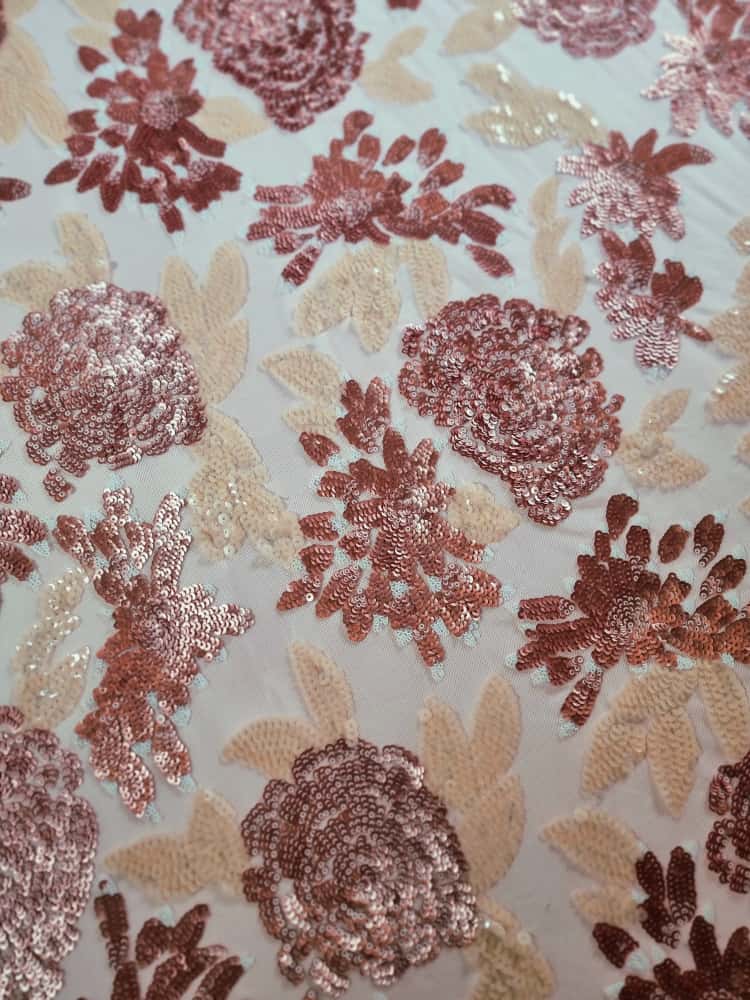 Tesatura cu paiete aplicate pe suport de tulle fin roz pal - floral, Cupru / Ivoire / Roz - imagine 6