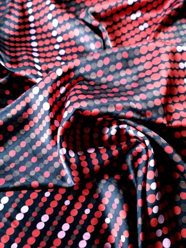 Tesatura din matase naturala – crepe de chine satinat – model cu buline liane,  Rosu / Negru / Roz / Maro