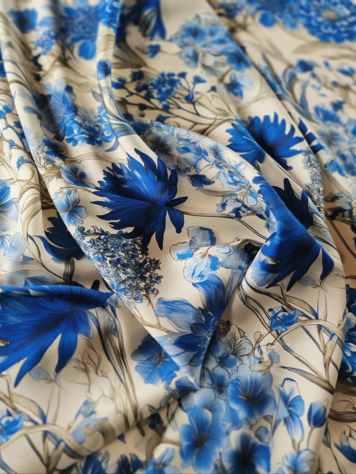 Tesatura crepe de chine din matase naturala - design floral, Albastru / Ivoire - imagine 6