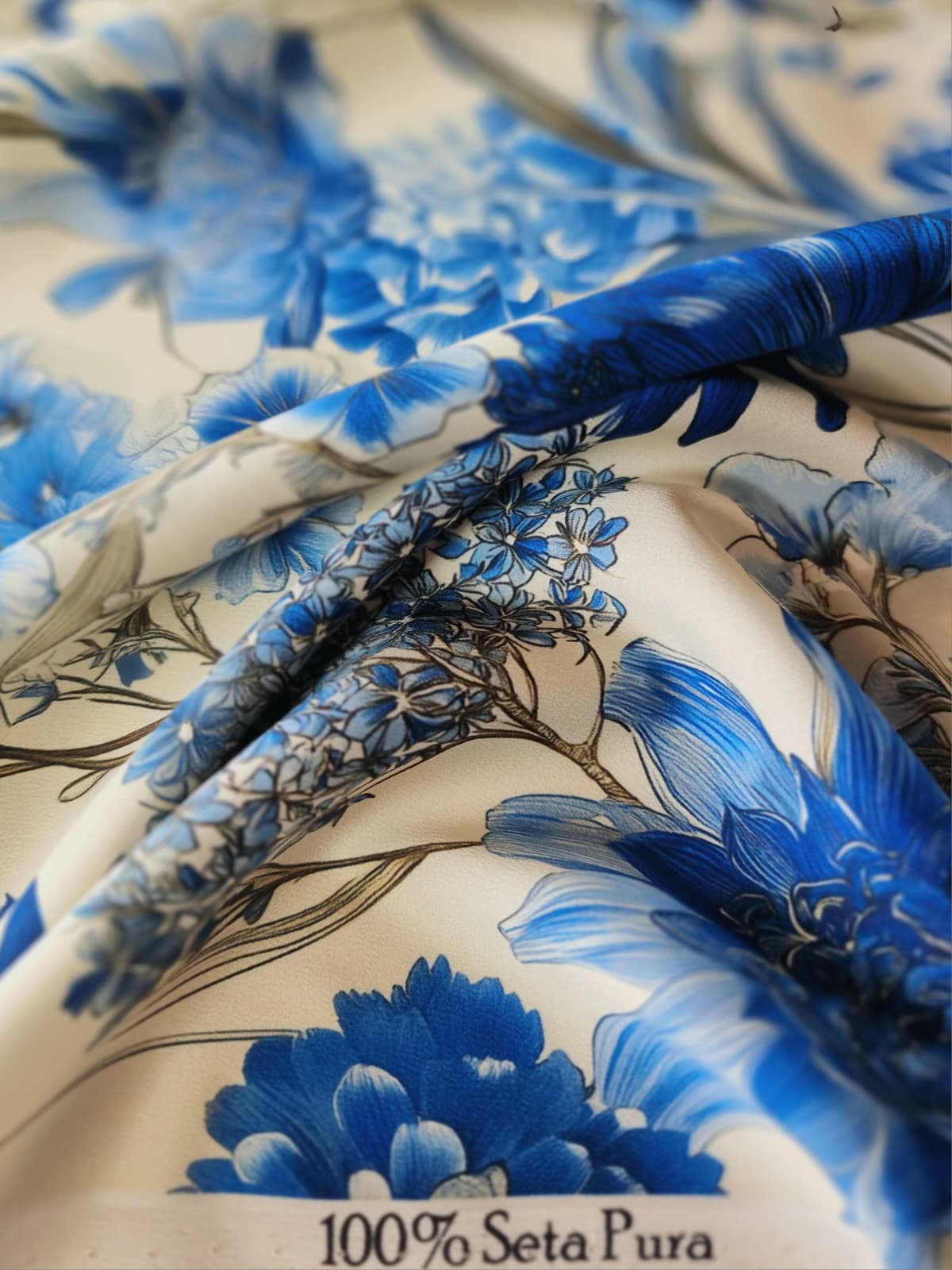 Tesatura crepe de chine din matase naturala - design floral, Albastru / Ivoire - imagine 10