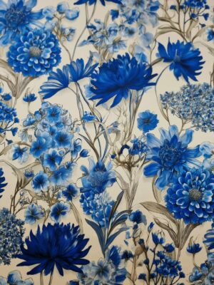Tesatura crepe de chine din matase naturala - design floral, Albastru / Ivoire