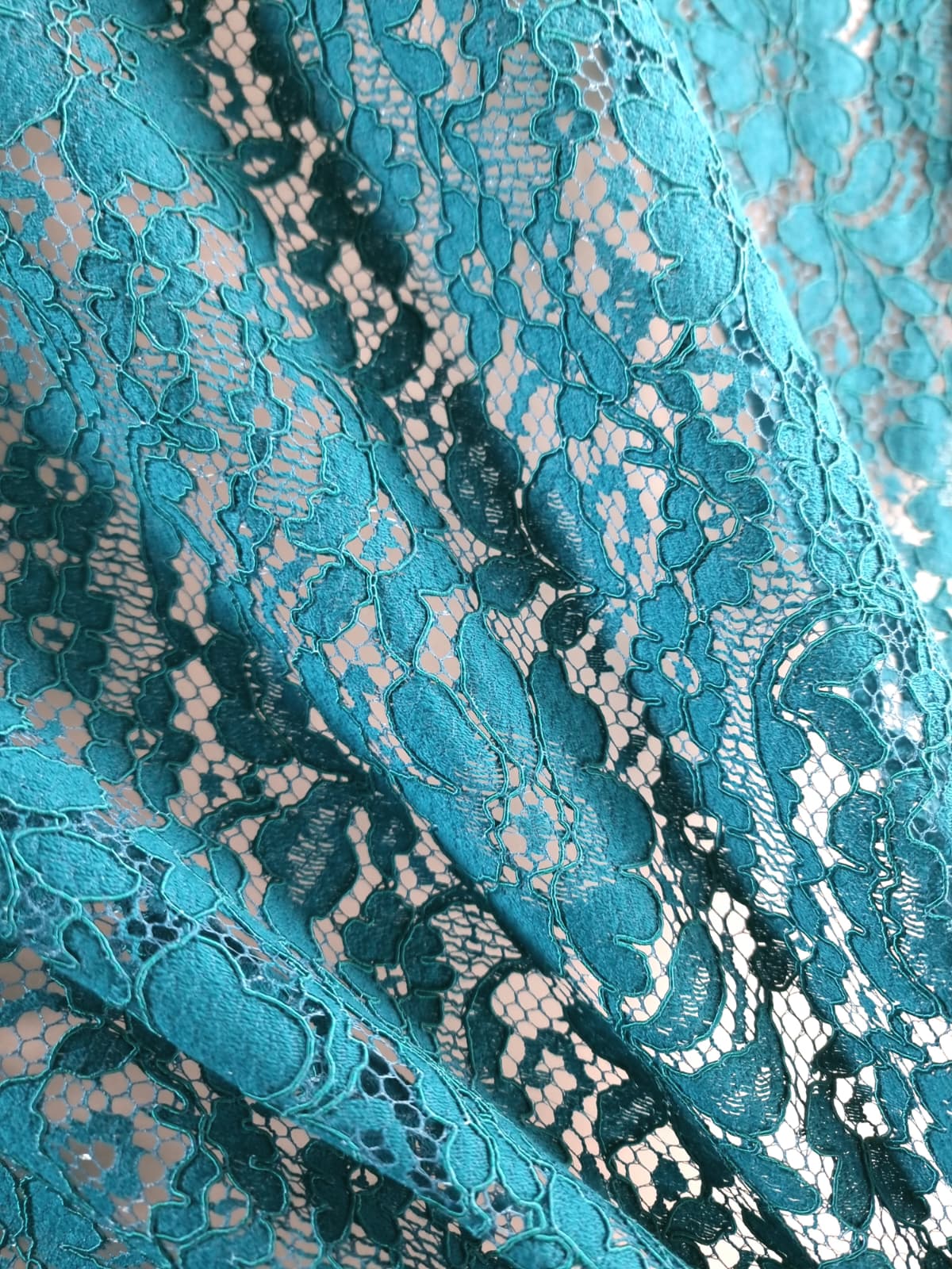 Dantela din fibre naturale cu design ajurat floral, Verde turcoaz - imagine 7