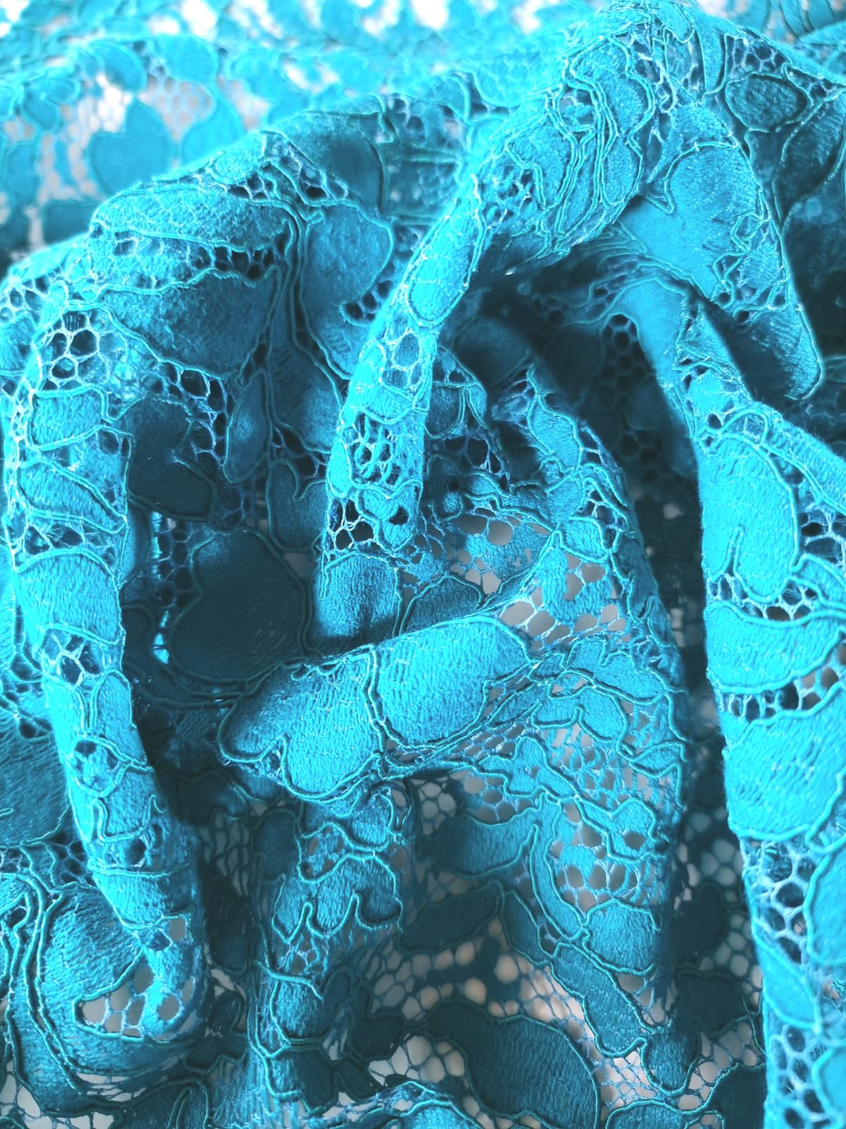 Dantela din fibre naturale cu design ajurat floral, Verde turcoaz - imagine 3