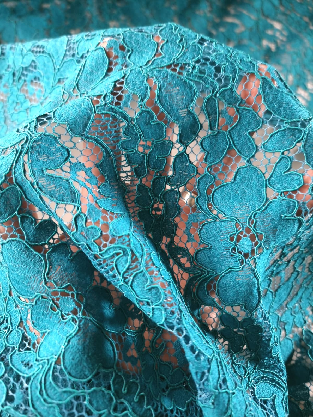 Dantela din fibre naturale cu design ajurat floral, Verde turcoaz - imagine 4