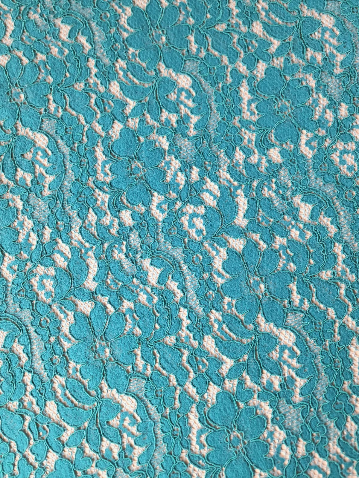 Dantela din fibre naturale cu design ajurat floral, Verde turcoaz - imagine 5