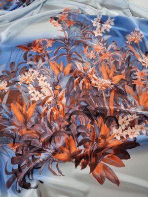 Tesatura din matase naturala sub formă de panou - Imprimeu floral,  Portocaliu / Albastru / Bleu