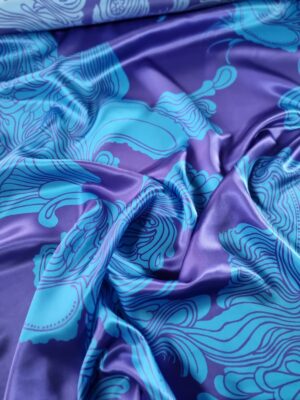 Tesatura fina din matase naturala - satinata cu imprimeu abstract, Turcoaz / Albastru / Indigo