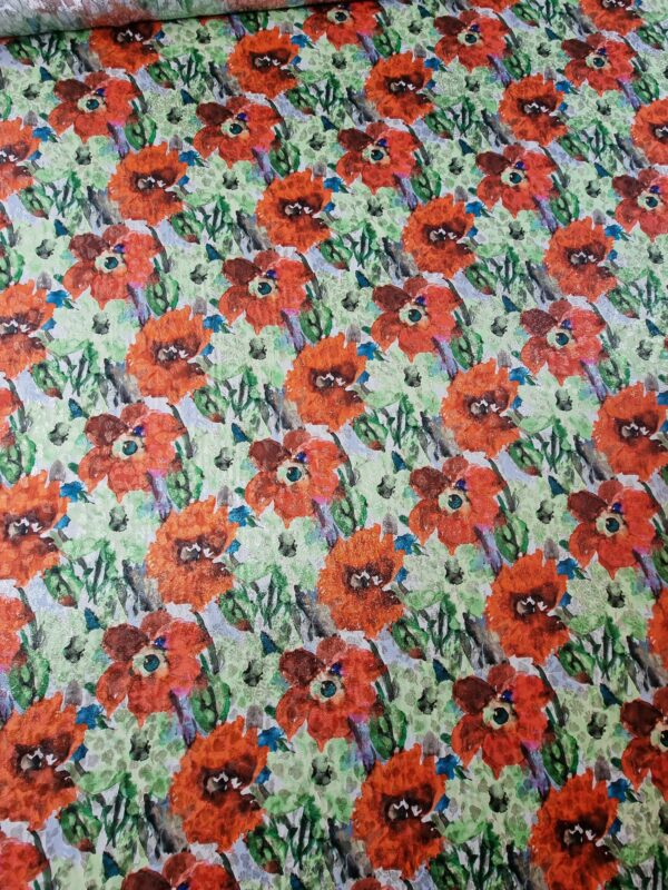 Voal pretios – Jacquard din matase naturala cu insertii discrete de fir argintiu,  design floral, Rosu / Verde / Argintiu