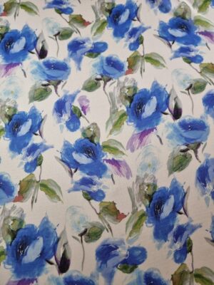 Voal structurat din matase naturala - model floral, Albastru / Violet / Verde pe fond Ivoire