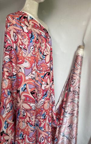 Tesatura crepe de Chine din Mătase naturală cu 5% elastan cu imprimeu abstract, multicolor