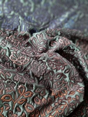 Tesatura Brocart cu flori metalizate pe fond Verde inchis