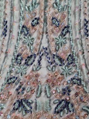 Tesatura cu broderie bogată cu mărgele si paiete pe suport de tulle în nuanțe de Verde Turcoaz