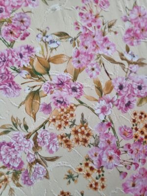 Tesatura din bumbac fill coupe - model cu flori Roz pe fond Galben