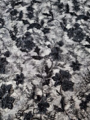 Dantela premium cu aplicații delicate - design floral cu mărgele, Negru