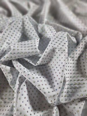 Tesatura elastica tip jerse cu aplicatii de strasuri multicolore pe fond Alb