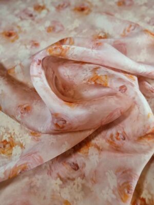 Tesatura Organza din matase naturala  - model pastel cu trandafiri si Roz vintage