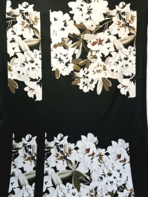 Tesatura din bumbac tip popline  - sub formă de panou cu design floral, Alb / Kaki / Roscat / Negru