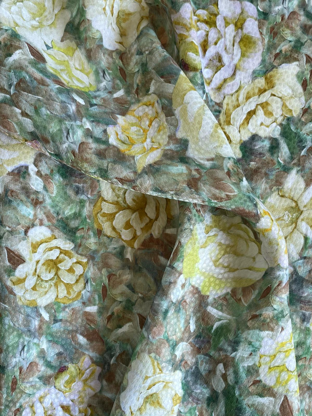 Țesătură jacquard din viscoză (masă vegetală) cu flori picturale galbene pe fond vibrat în nuanțe de verde, nesifonabilă - imagine 6